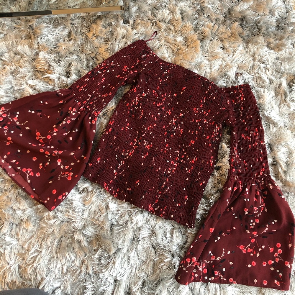 Express maroon floral off the shoulder top